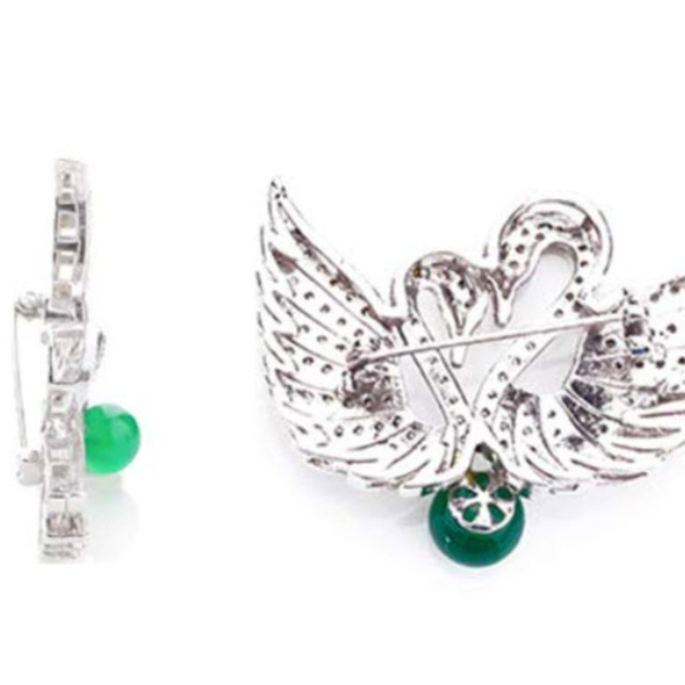 swan couple rhinestone & jade brooch / pendant - Picture 6 of 7